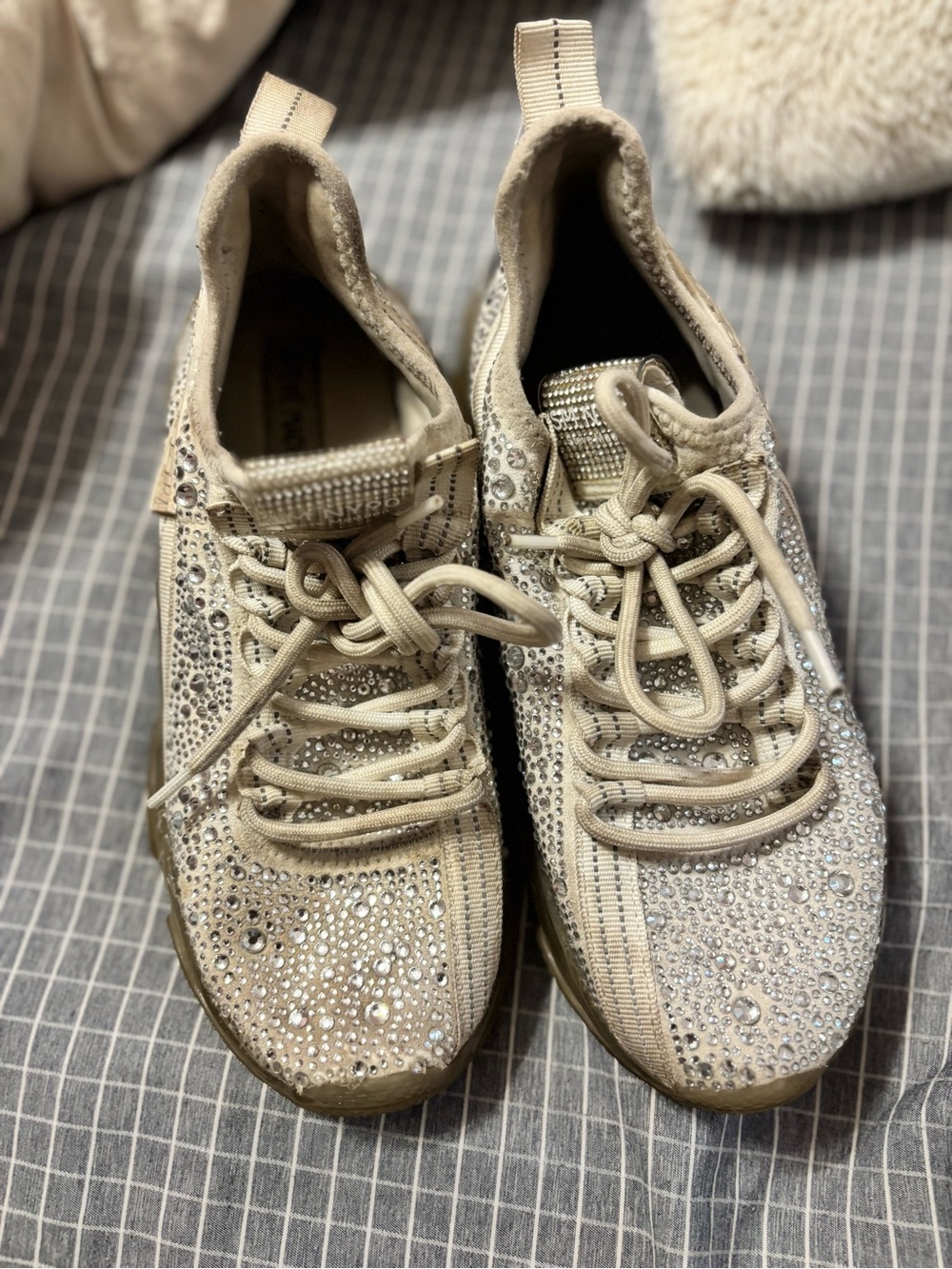 Steve Madden Crystal-Embellished Beige Knit Sneakers